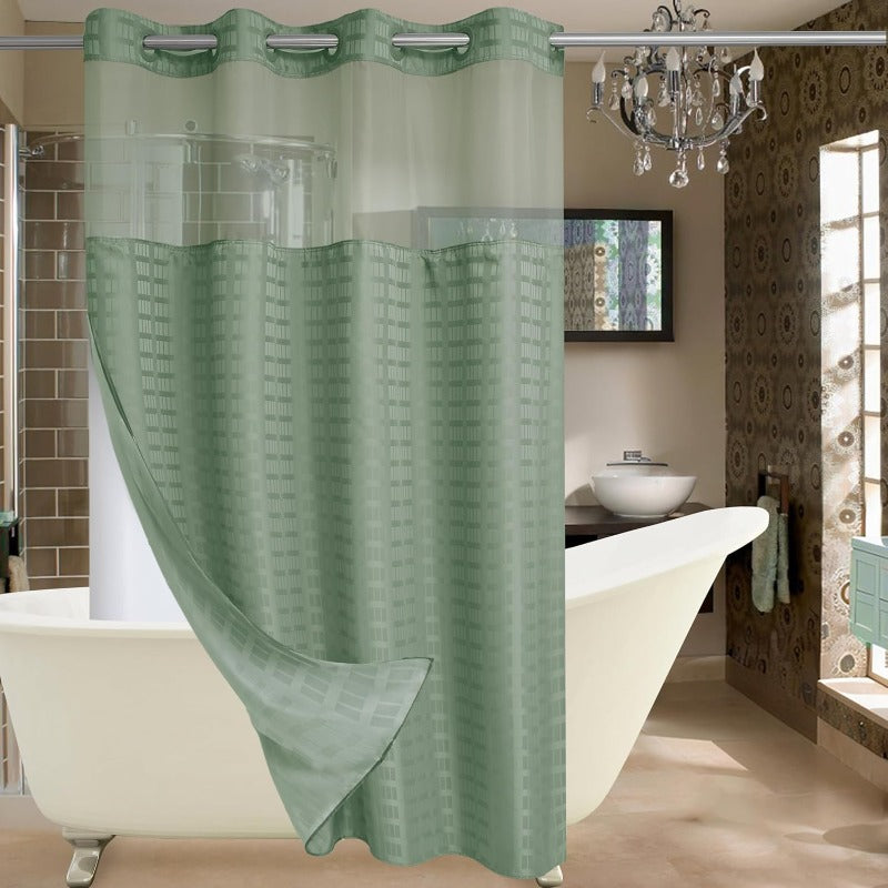 Stall No Hook Sage Green Shower Curtain with Snap-in Liner Set | Hotel Luxury Shower Curtains for Bathroom