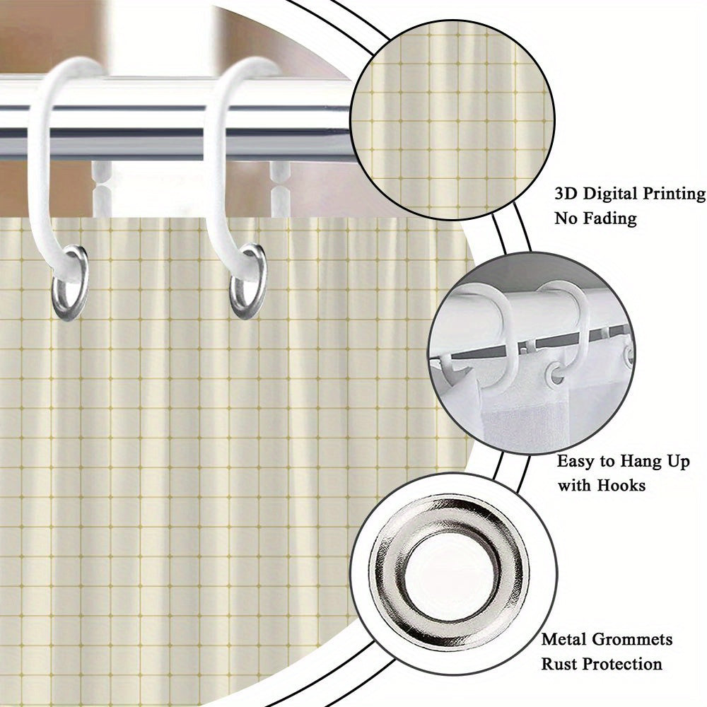 1pc Polyester Shower Curtain, 70*70 Inches, Light Brown Grid Pattern, Subtle Checkerboard Effect