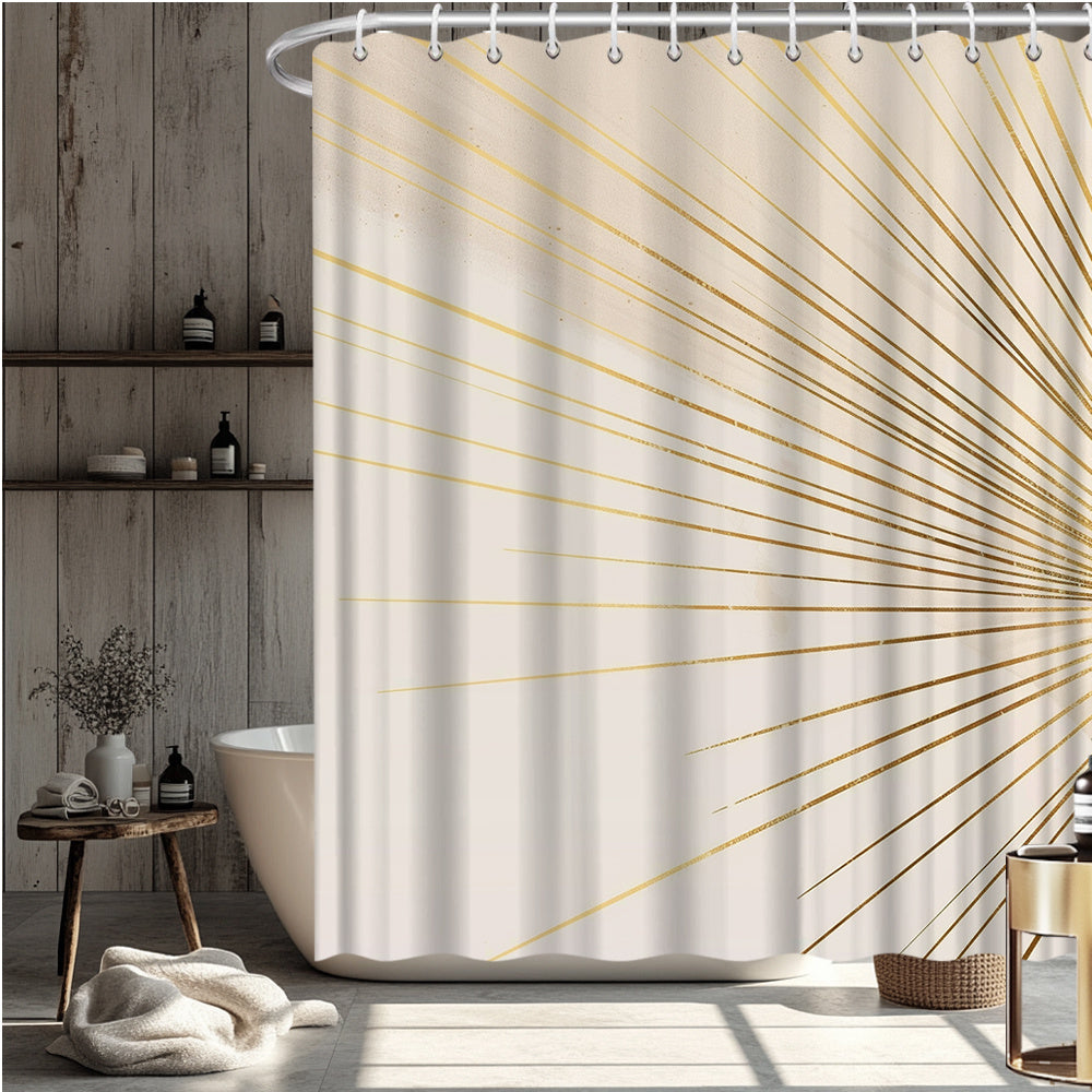 1pc Luxury Modern Shower Curtain with Radiating Golden Lines & Beige Background - Sunburst Pattern