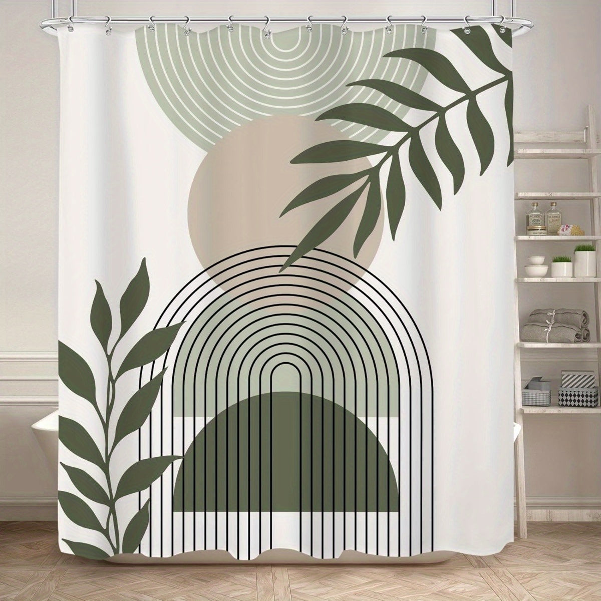 KOMLLEX Sage Green Boho Shower Curtain 60Wx72H Abstract Modern Mid Century Bathroom Decor Aesthetic Leaves