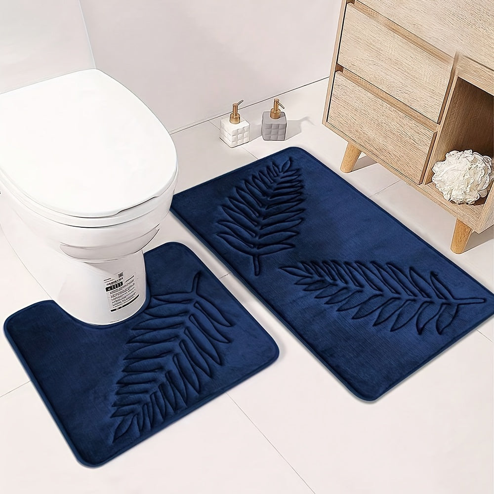 Soft Memory Sponge Mat 2pcs Soft Absorbent Non-slip Simple Solid Color Fern Leaf Embossed Memory Sponge Floor Mat