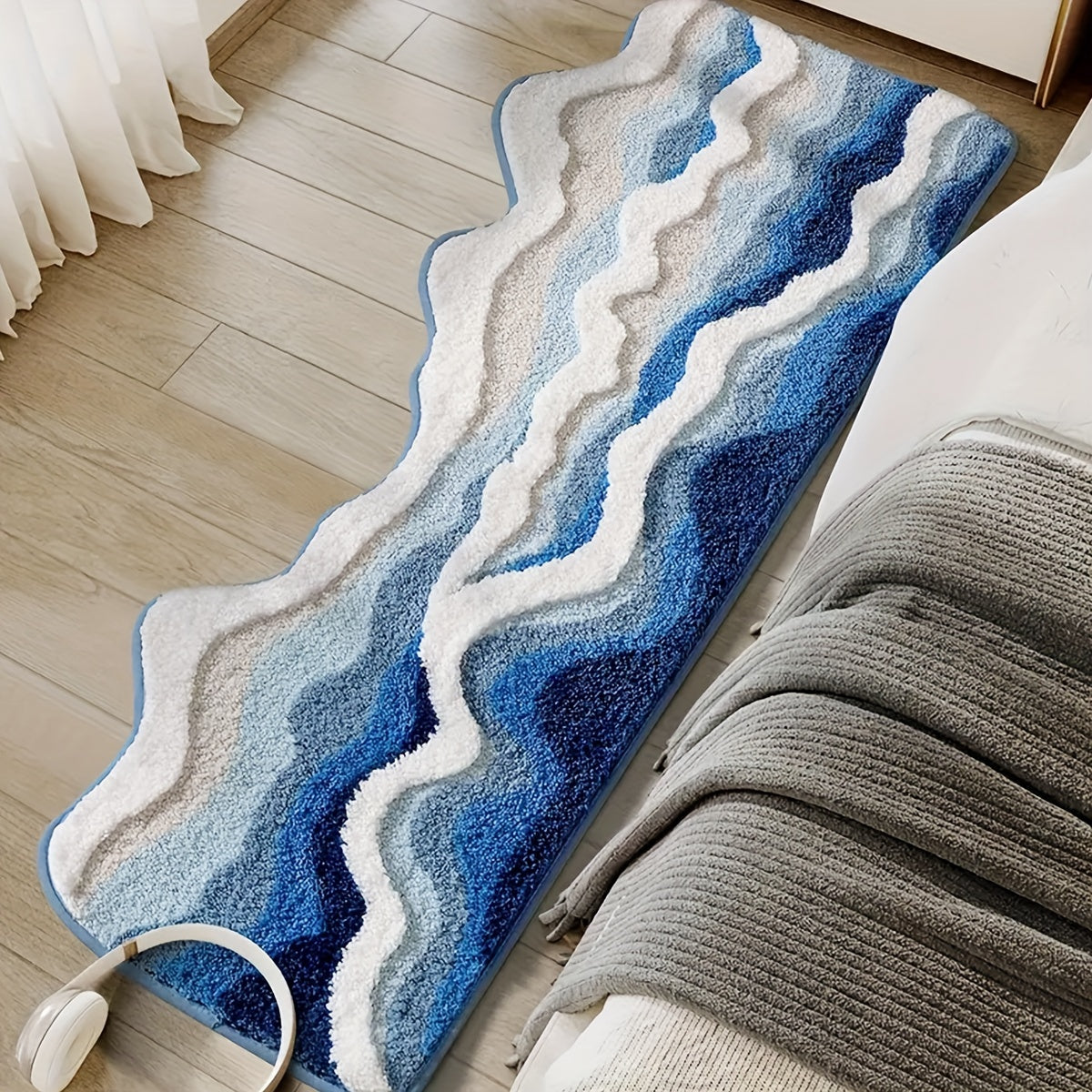 Ocean Wave Design Bathroom Rug - Premium Non-Slip, Fluffy Polyester Mat for Bathtub