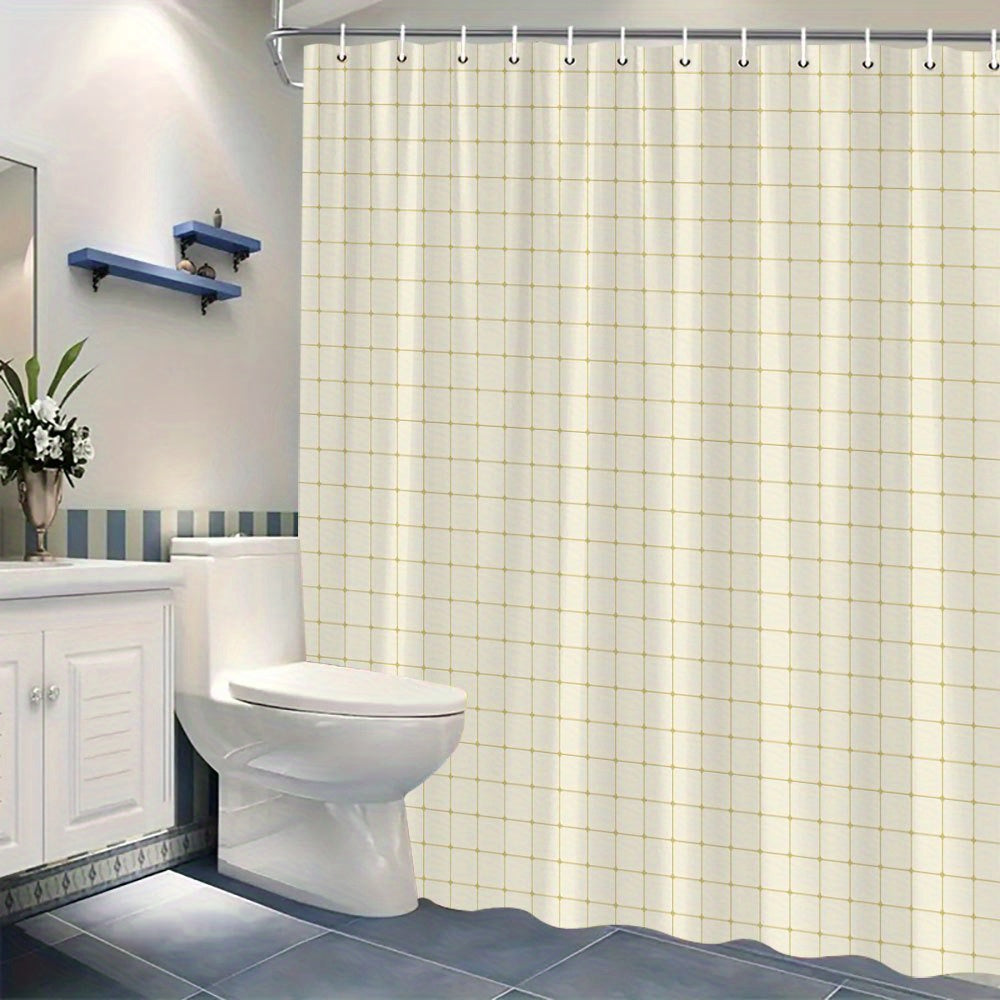 1pc Polyester Shower Curtain, 70*70 Inches, Light Brown Grid Pattern, Subtle Checkerboard Effect