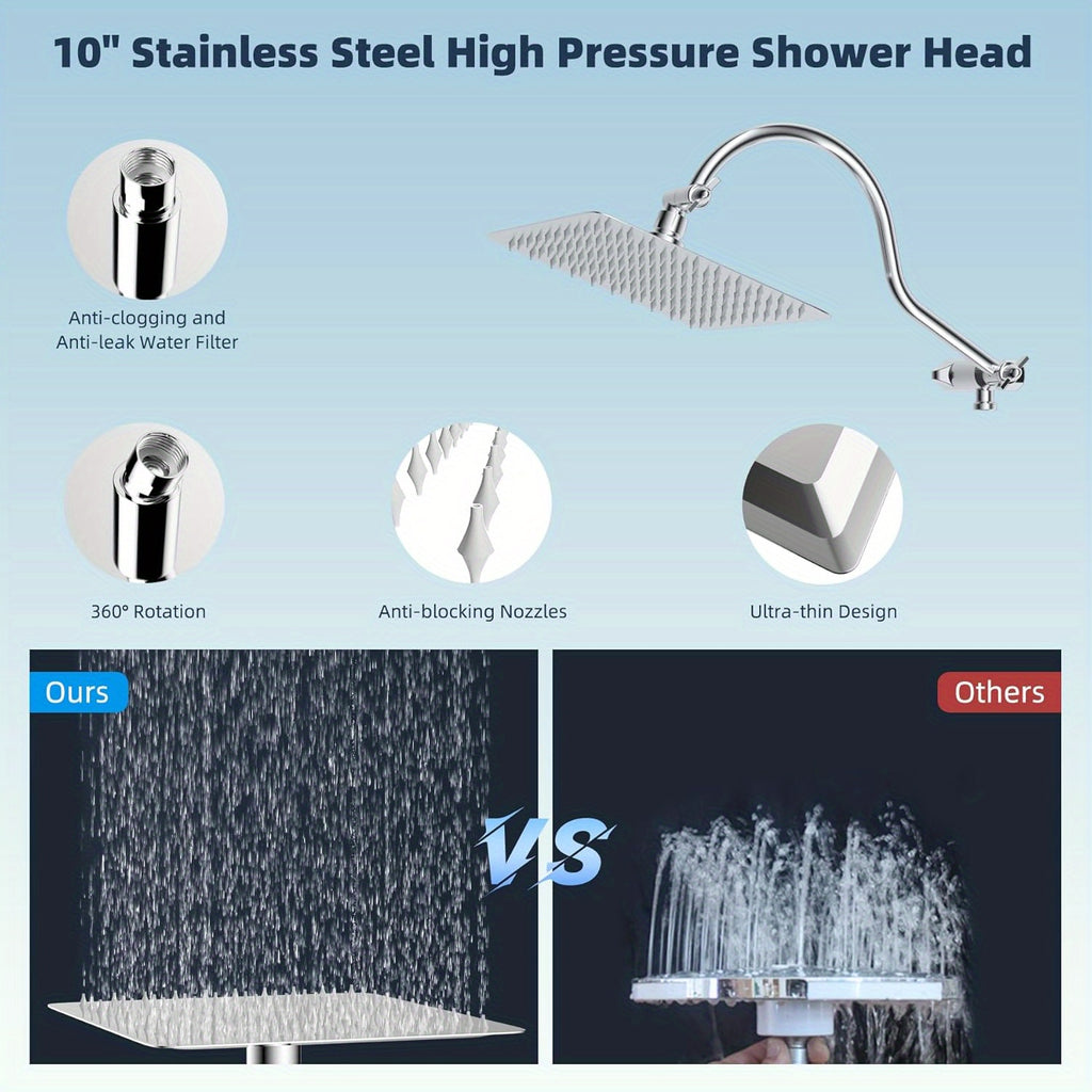High Pressure Rainfall Shower Head with Handheld - 10'' Wide Coverage Showerhead