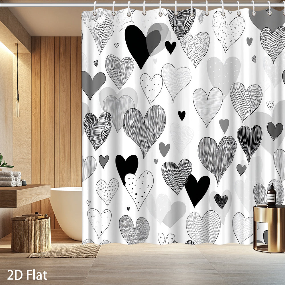 1pc Modern Heart Pattern Shower Curtain - Black White Grey Hearts Design