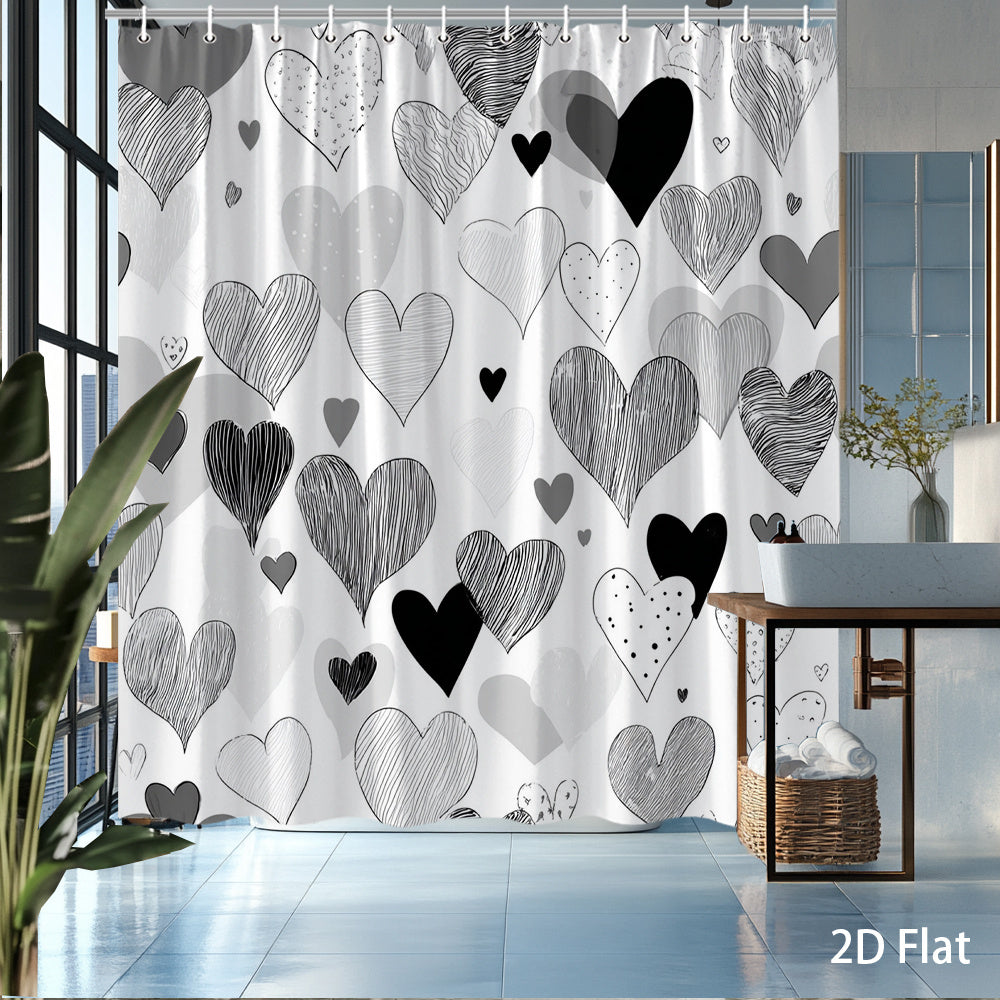 1pc Modern Heart Pattern Shower Curtain - Black White Grey Hearts Design