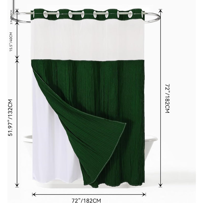 Luxury Dark Green Ruffle Shower Curtain with Privacy Top Window & Snap-In Liner (No Hooks Required)