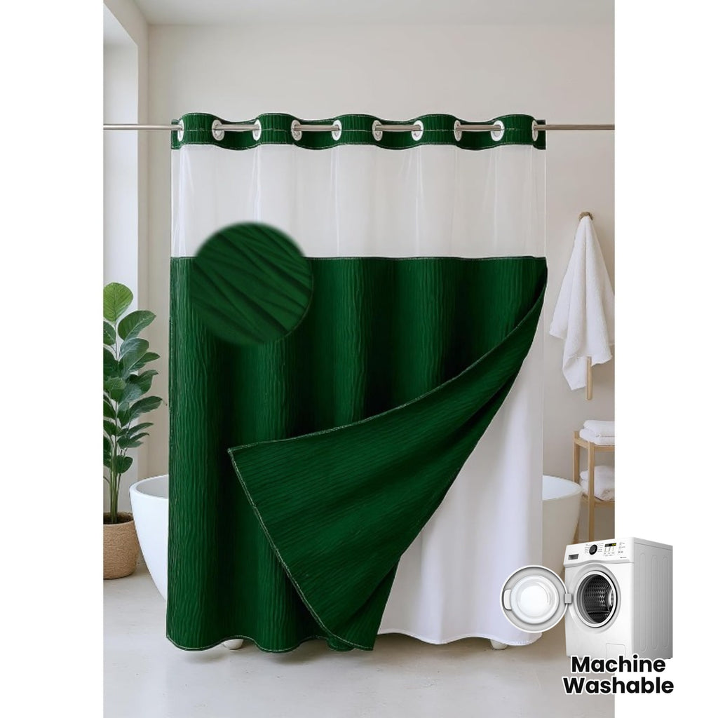 Luxury Dark Green Ruffle Shower Curtain with Privacy Top Window & Snap-In Liner (No Hooks Required)