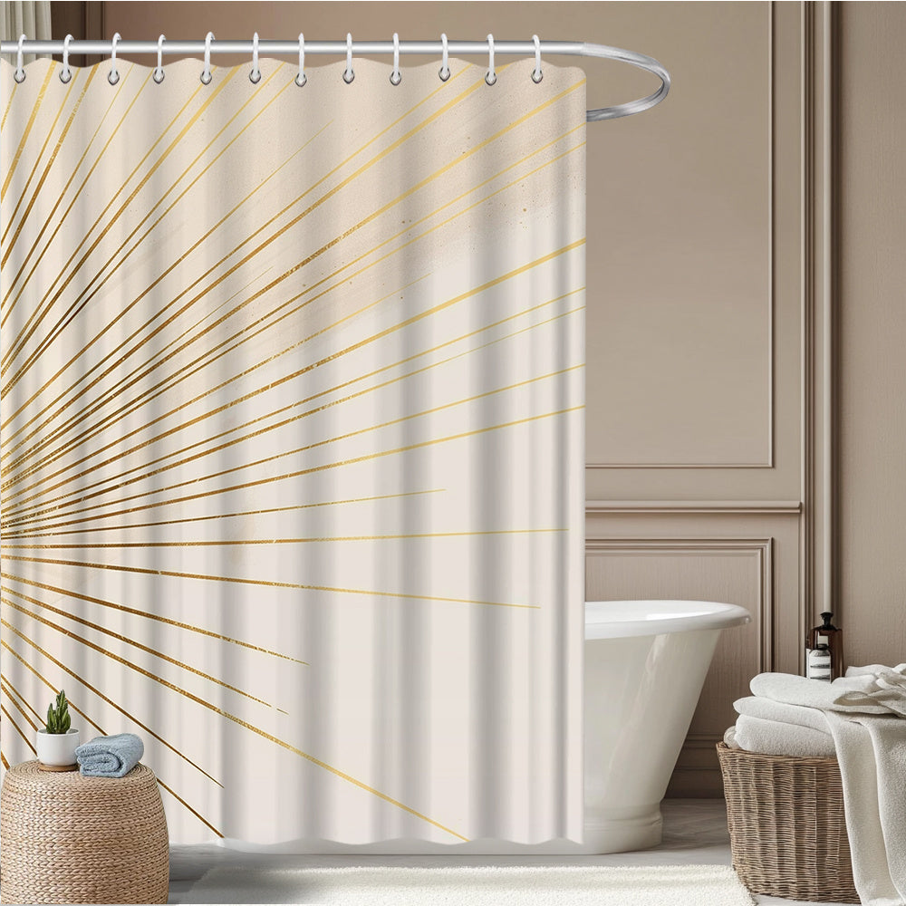 1pc Luxury Modern Shower Curtain with Radiating Golden Lines & Beige Background - Sunburst Pattern