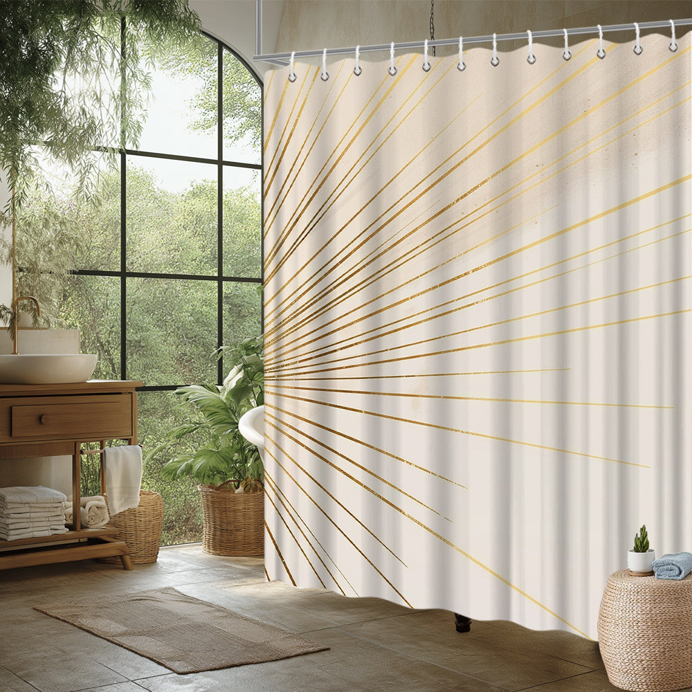 1pc Luxury Modern Shower Curtain with Radiating Golden Lines & Beige Background - Sunburst Pattern