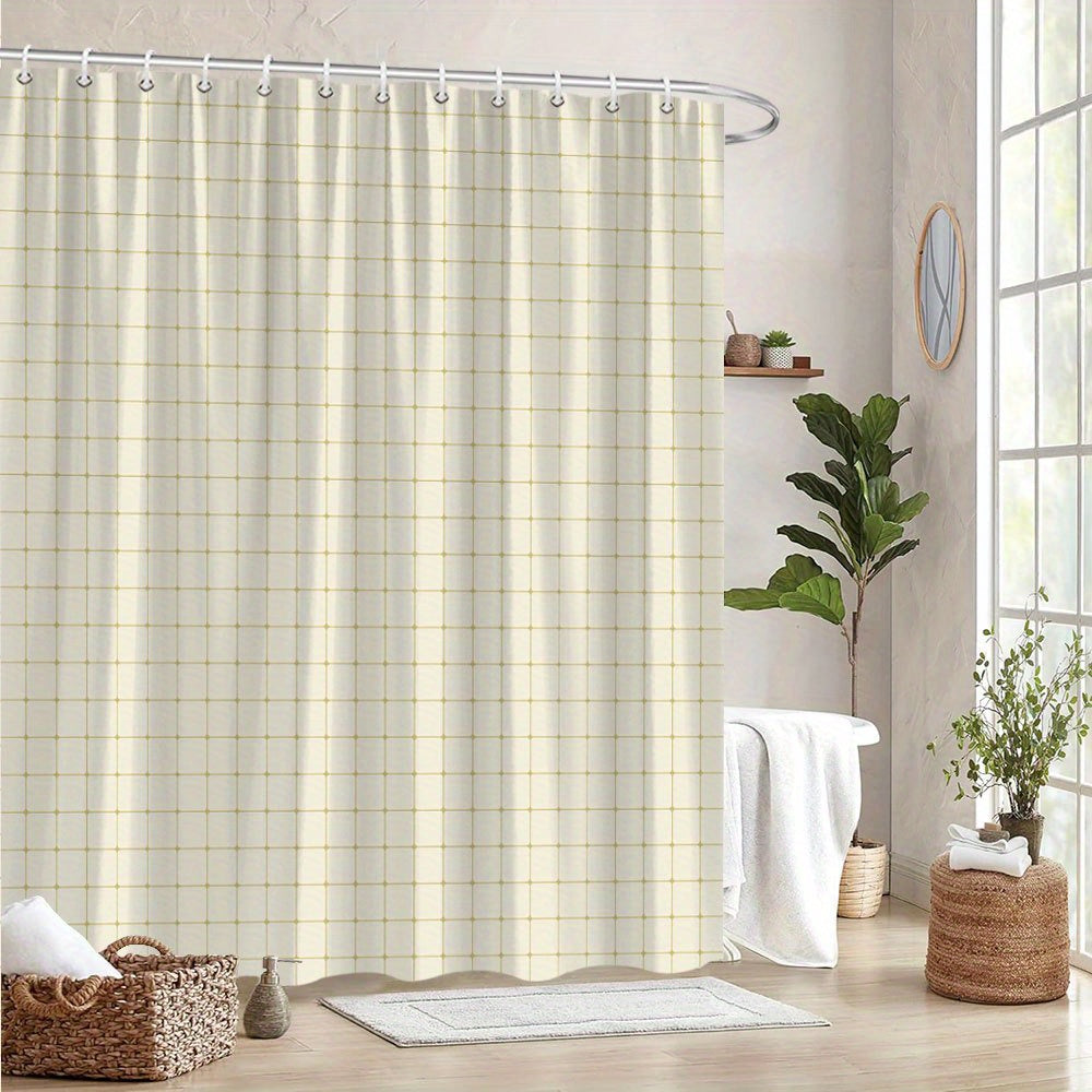 1pc Polyester Shower Curtain, 70*70 Inches, Light Brown Grid Pattern, Subtle Checkerboard Effect
