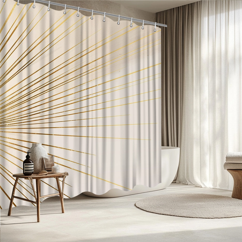 1pc Luxury Modern Shower Curtain with Radiating Golden Lines & Beige Background - Sunburst Pattern