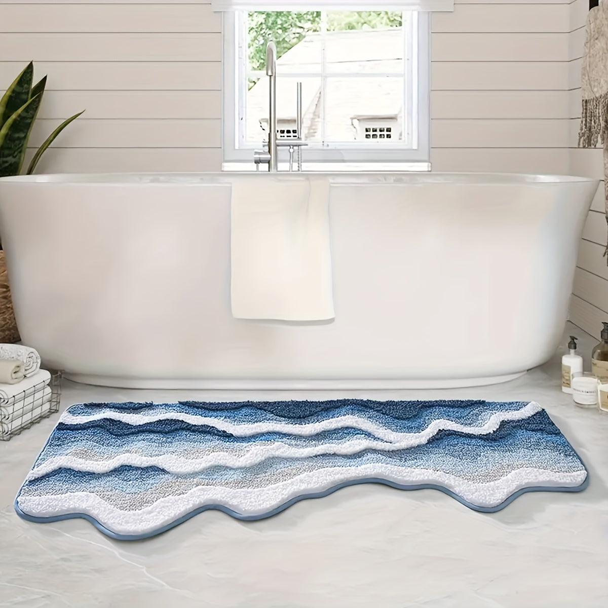 Ocean Wave Design Bathroom Rug - Premium Non-Slip, Fluffy Polyester Mat for Bathtub