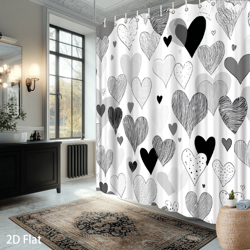 1pc Modern Heart Pattern Shower Curtain - Black White Grey Hearts Design