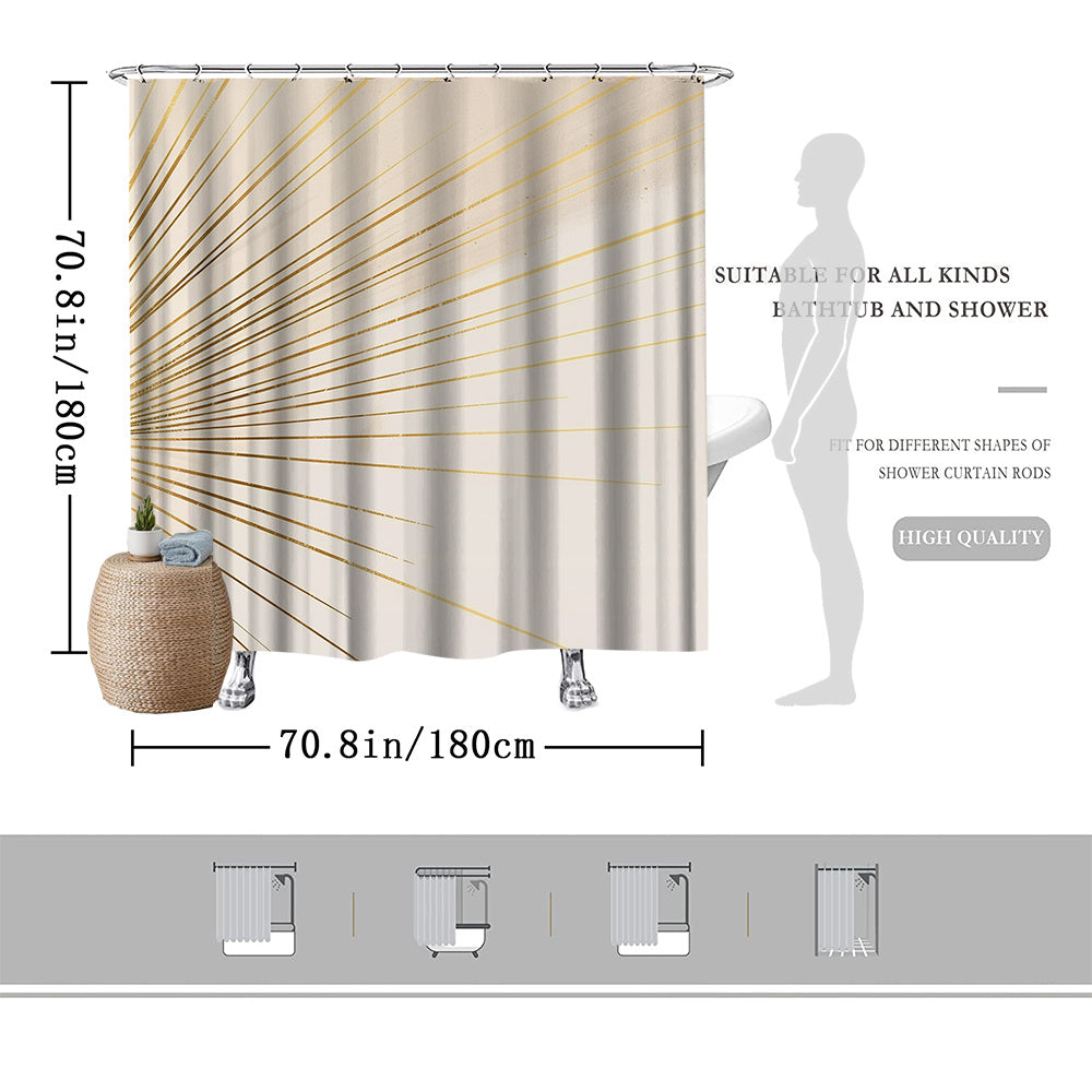 1pc Luxury Modern Shower Curtain with Radiating Golden Lines & Beige Background - Sunburst Pattern