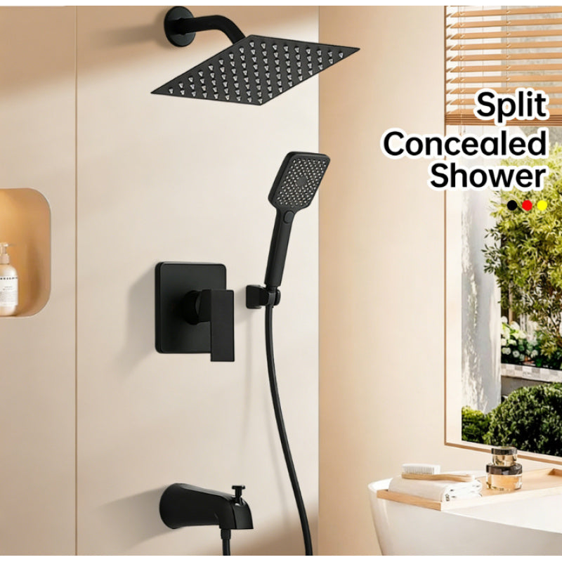 5pcs Modern Shower Faucet Set with 8-Inch Square Rainfall Shower Head & Wall-Mounted Bathtub Spout - Matte Black Stainless Bath System