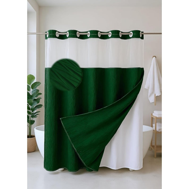 Luxury Dark Green Ruffle Shower Curtain with Privacy Top Window & Snap-In Liner (No Hooks Required)