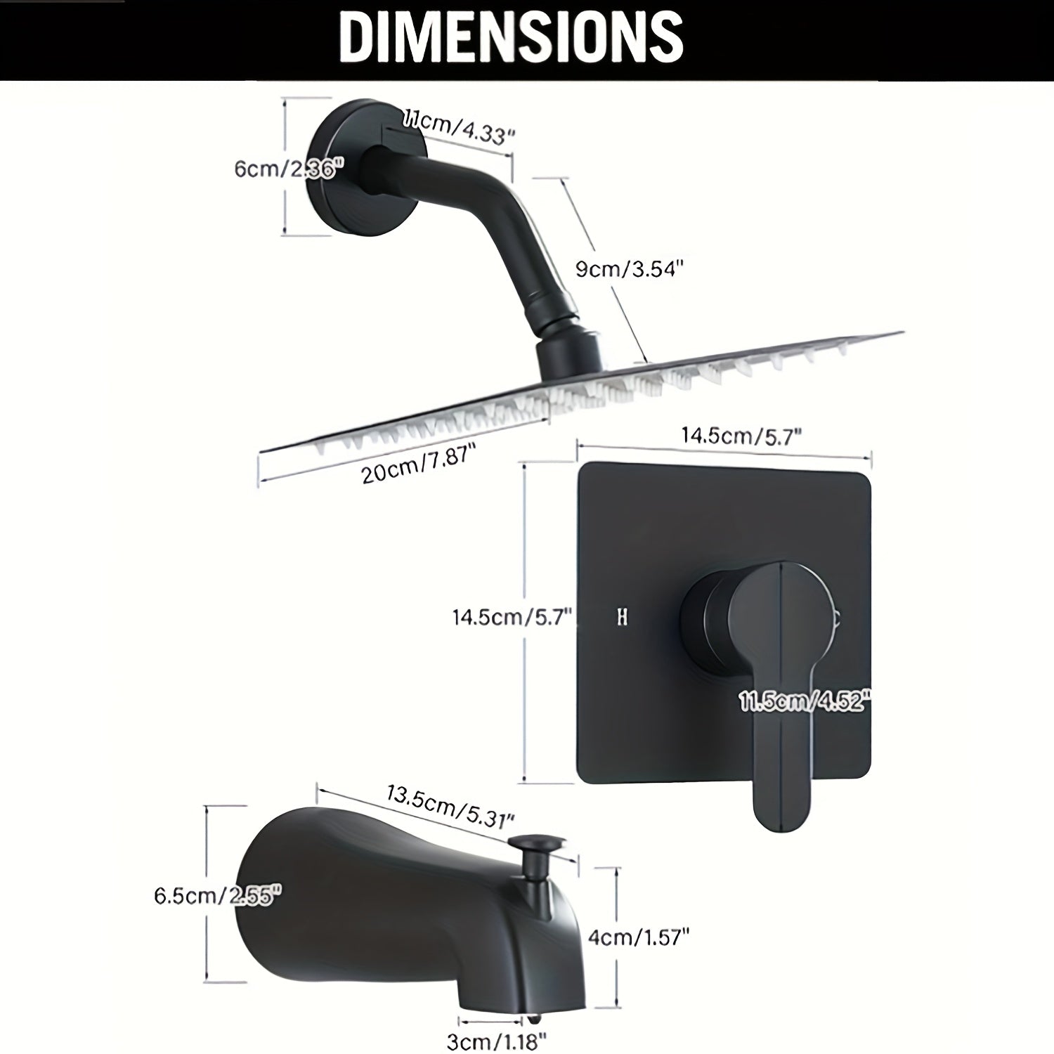 5pcs Modern Shower Faucet Set with 8-Inch Square Rainfall Shower Head & Wall-Mounted Bathtub Spout - Matte Black Stainless Bath System