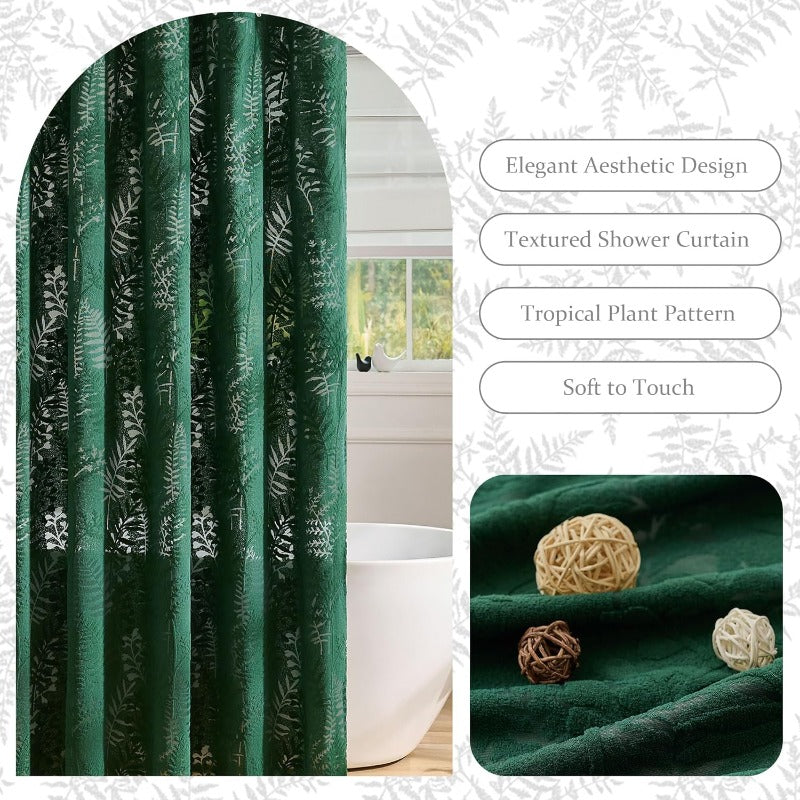 Extra Long Dark Green Shower Curtain Boho 72 x 84 Tufted Tropical Plant Textured Shower Curtain Modern Chic