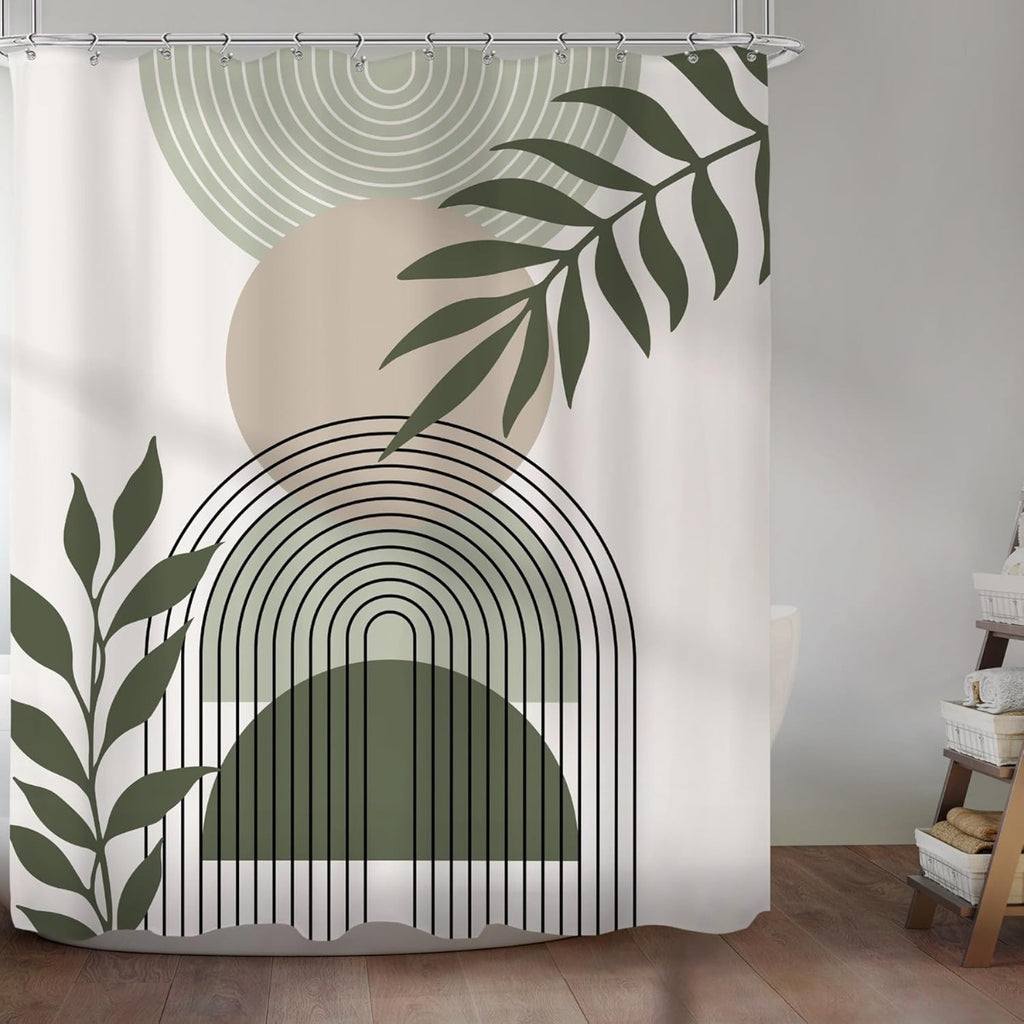 KOMLLEX Sage Green Boho Shower Curtain 60Wx72H Abstract Modern Mid Century Bathroom Decor Aesthetic Leaves