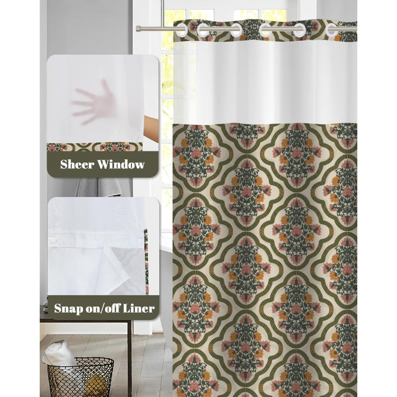 William Morris Vintage Floral Shower Curtain with Snap-In High Quality Liner