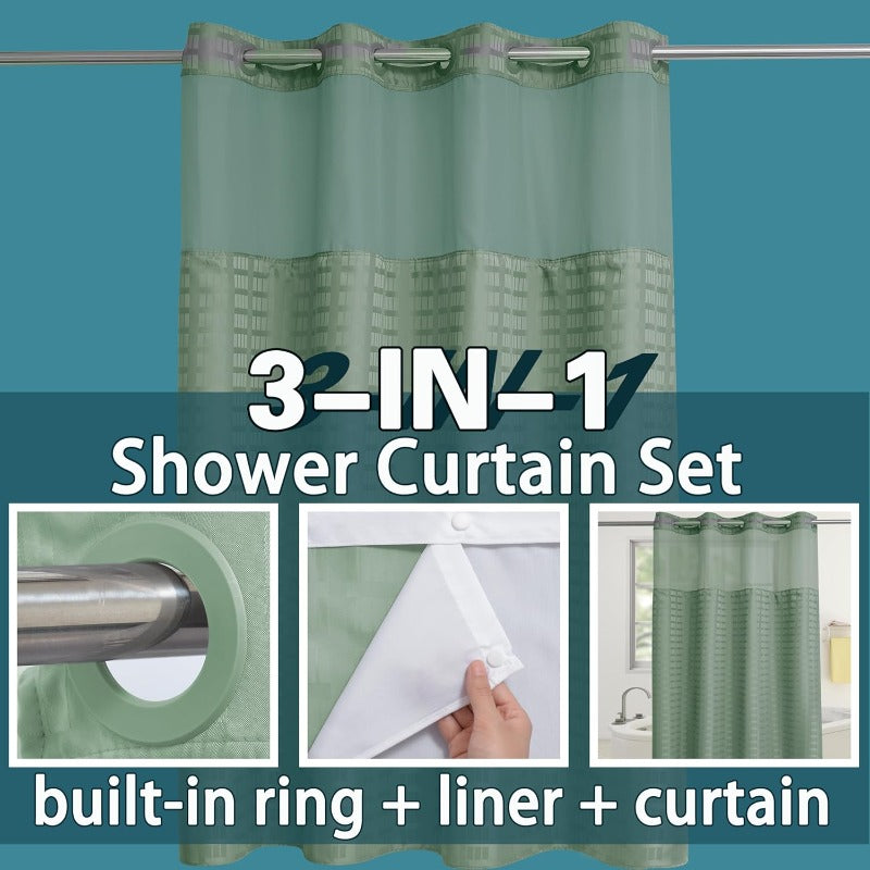 Stall No Hook Sage Green Shower Curtain with Snap-in Liner Set | Hotel Luxury Shower Curtains for Bathroom
