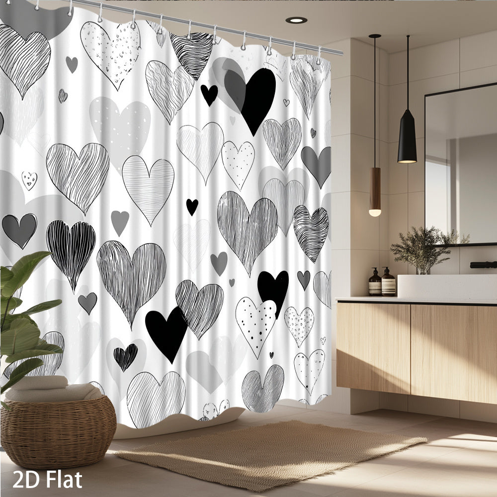 1pc Modern Heart Pattern Shower Curtain - Black White Grey Hearts Design