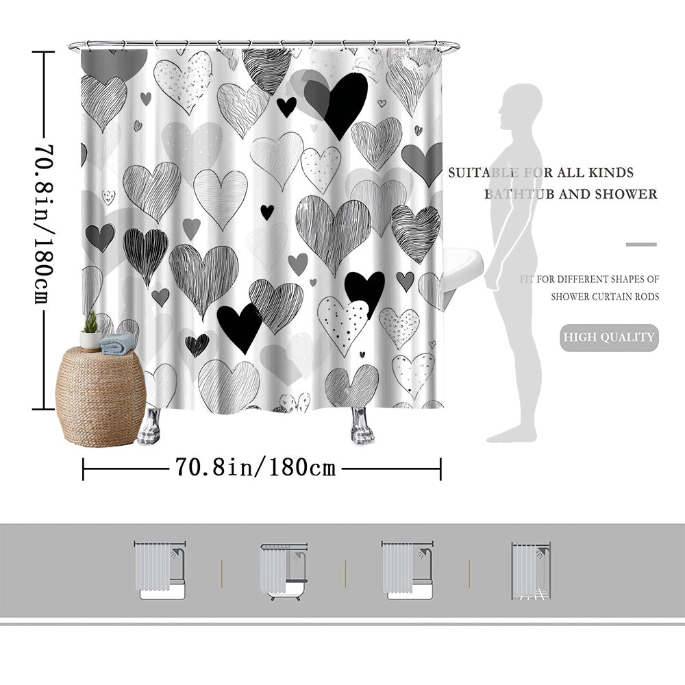 1pc Modern Heart Pattern Shower Curtain - Black White Grey Hearts Design