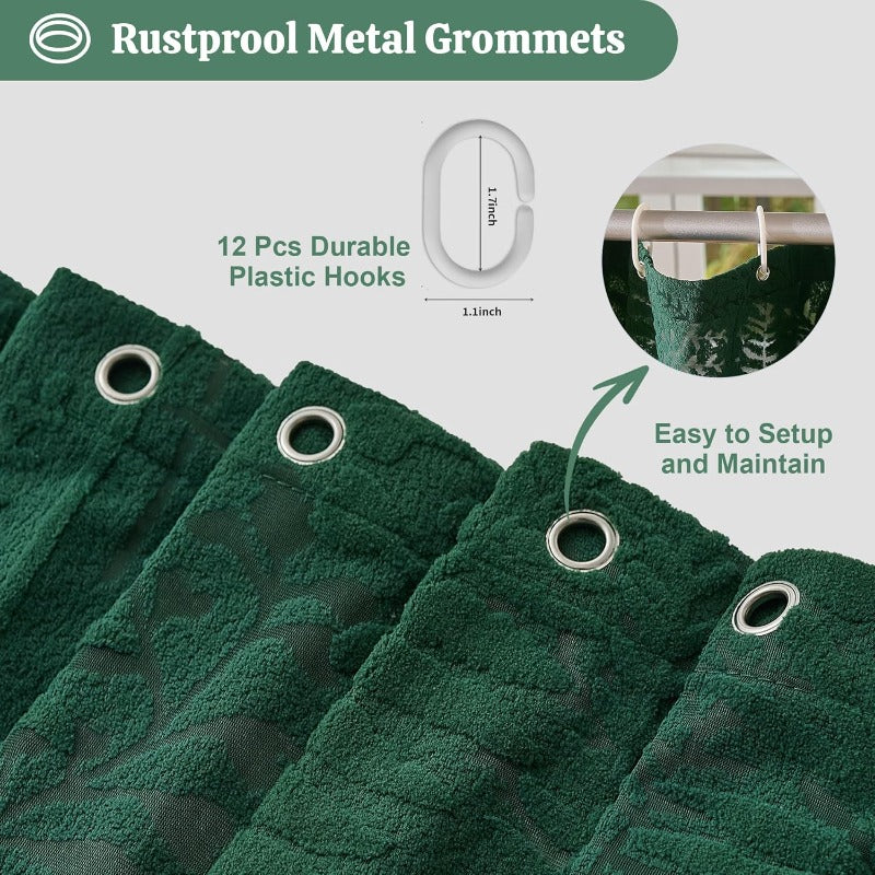 Extra Long Dark Green Shower Curtain Boho 72 x 84 Tufted Tropical Plant Textured Shower Curtain Modern Chic