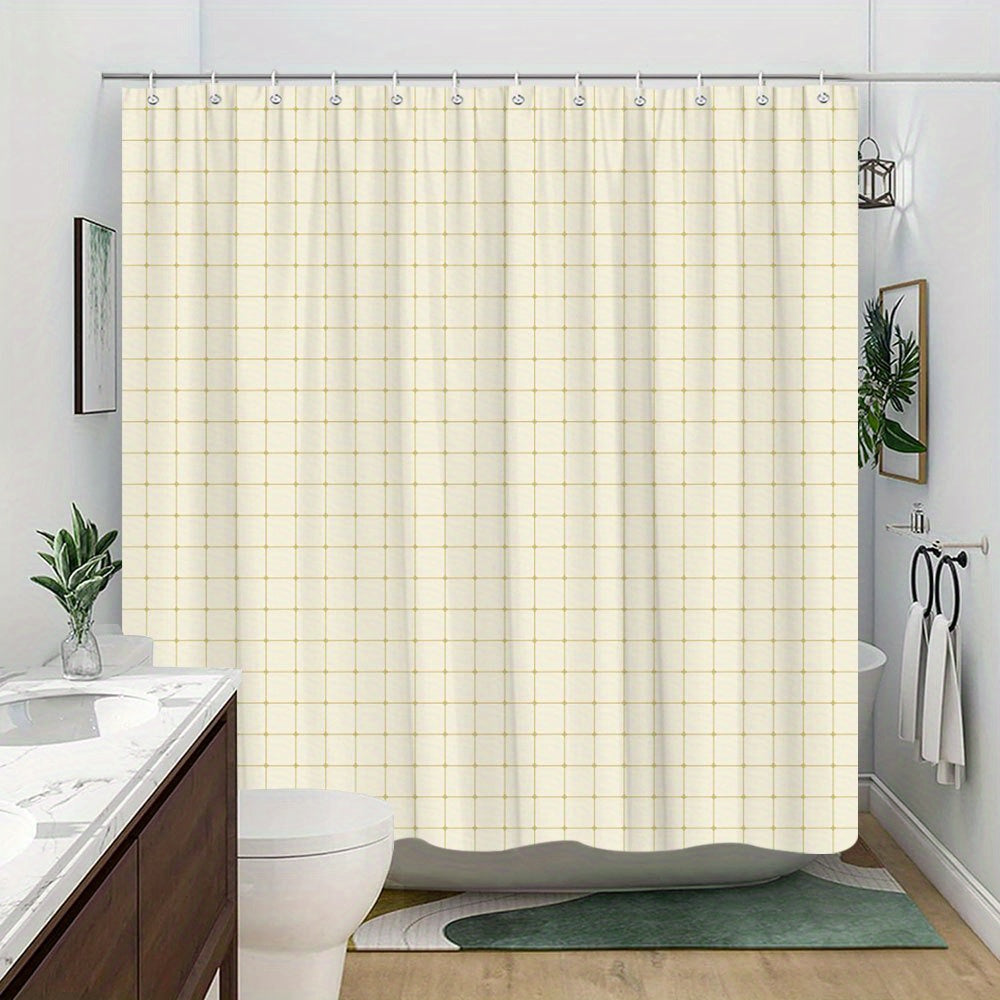 1pc Polyester Shower Curtain, 70*70 Inches, Light Brown Grid Pattern, Subtle Checkerboard Effect