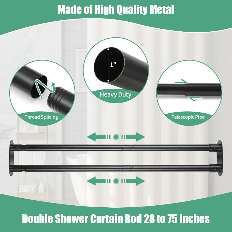 Adjustable Double Shower Curtain Rod 28-75 Inches - Heavy-Duty Black Bathroom Shower Pole with Wall-Mounted Design