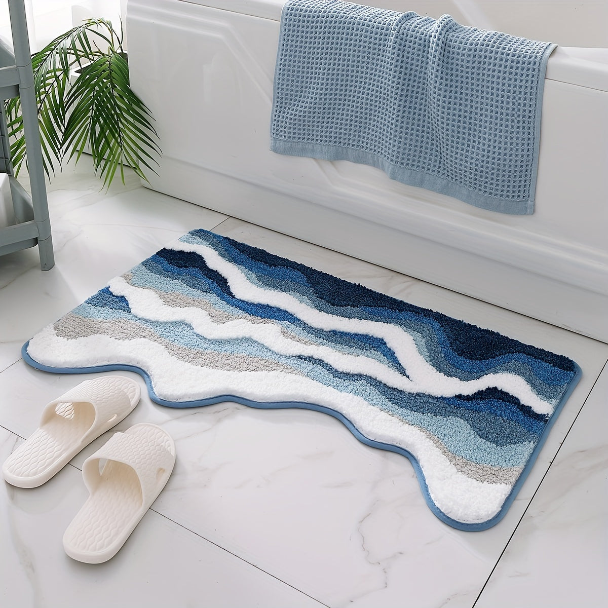 Ocean Wave Design Bathroom Rug - Premium Non-Slip, Fluffy Polyester Mat for Bathtub
