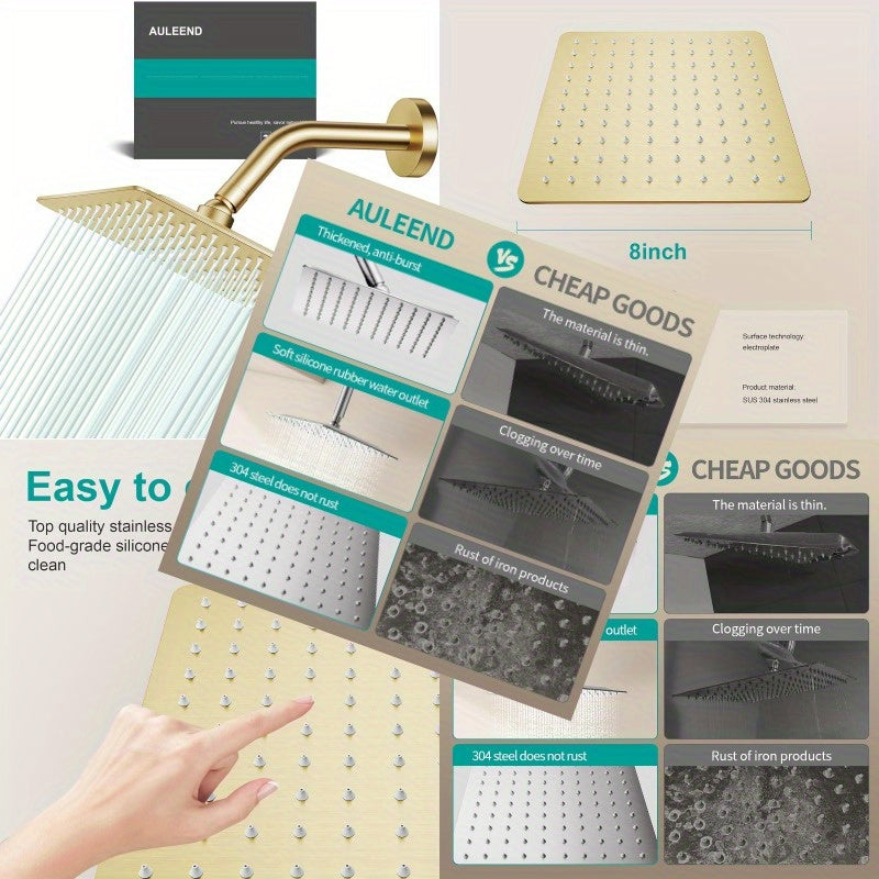 High Flow Stainless Steel Square Rain Shower Head - Ceiling-Mounted All-Metal Brushed Golden Finish