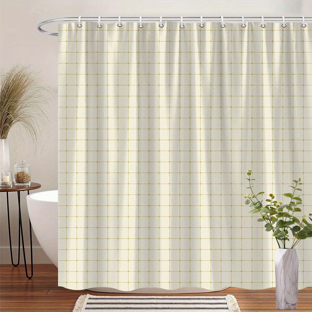 1pc Polyester Shower Curtain, 70*70 Inches, Light Brown Grid Pattern, Subtle Checkerboard Effect