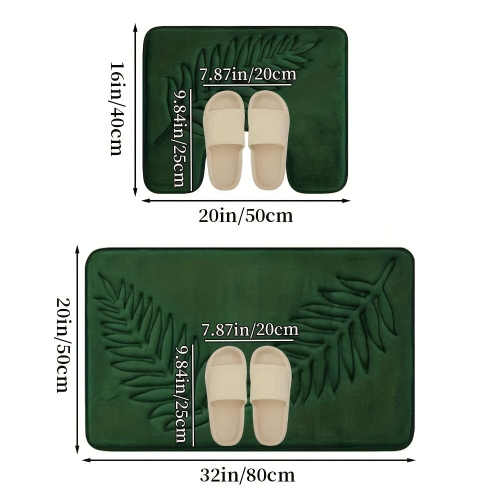 Soft Memory Sponge Mat 2pcs Soft Absorbent Non-slip Simple Solid Color Fern Leaf Embossed Memory Sponge Floor Mat