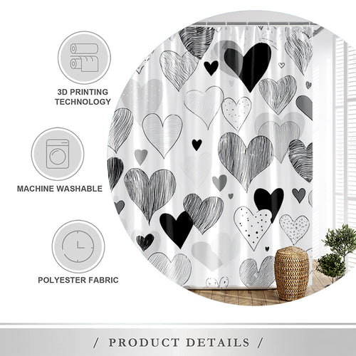 1pc Modern Heart Pattern Shower Curtain - Black White Grey Hearts Design