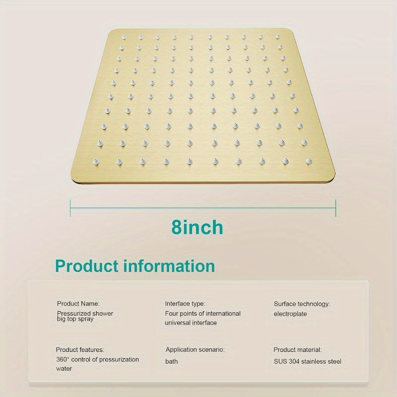 High Flow Stainless Steel Square Rain Shower Head - Ceiling-Mounted All-Metal Brushed Golden Finish