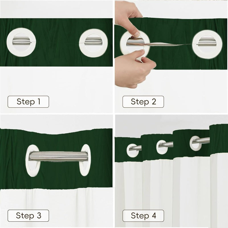 Luxury Dark Green Ruffle Shower Curtain with Privacy Top Window & Snap-In Liner (No Hooks Required)