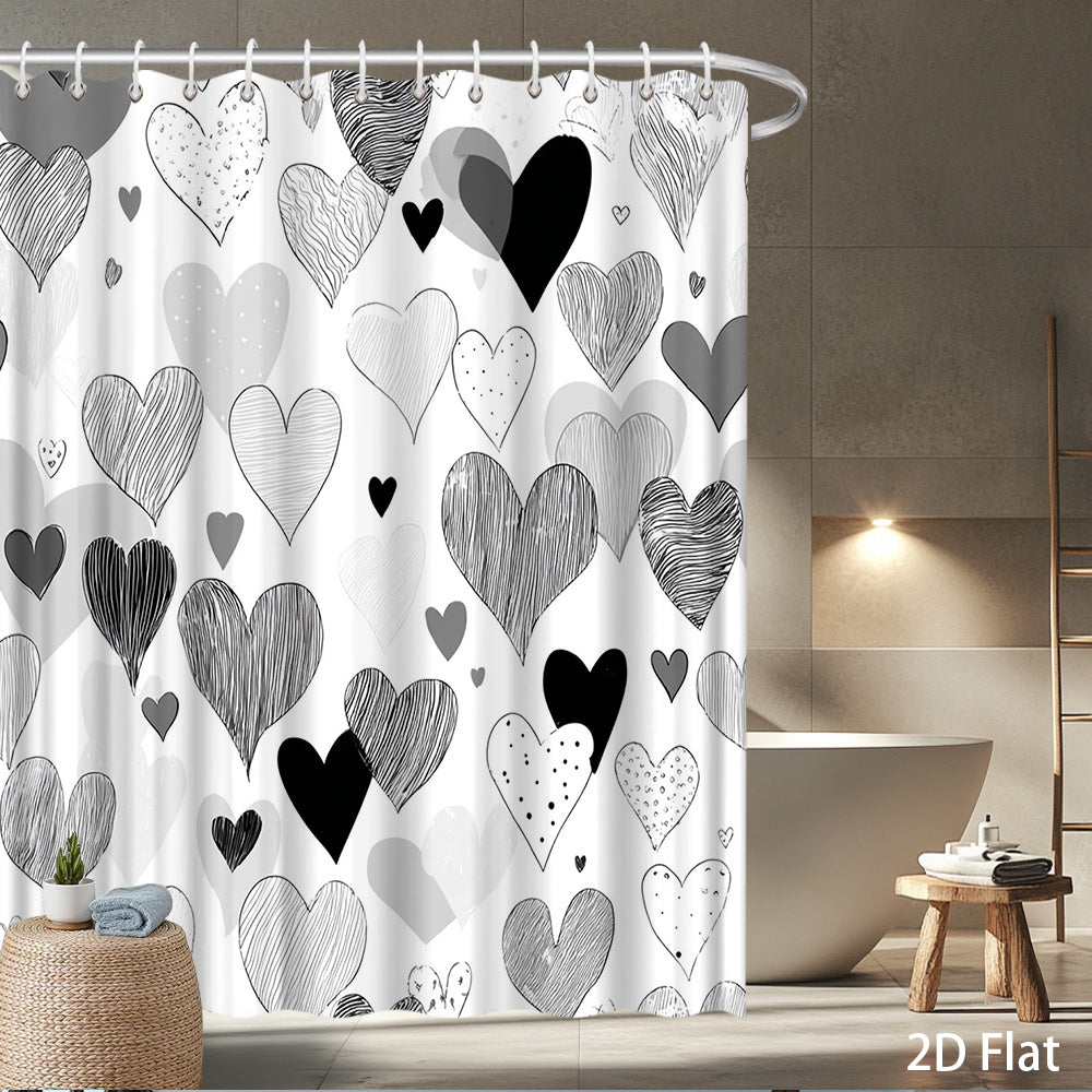 1pc Modern Heart Pattern Shower Curtain - Black White Grey Hearts Design
