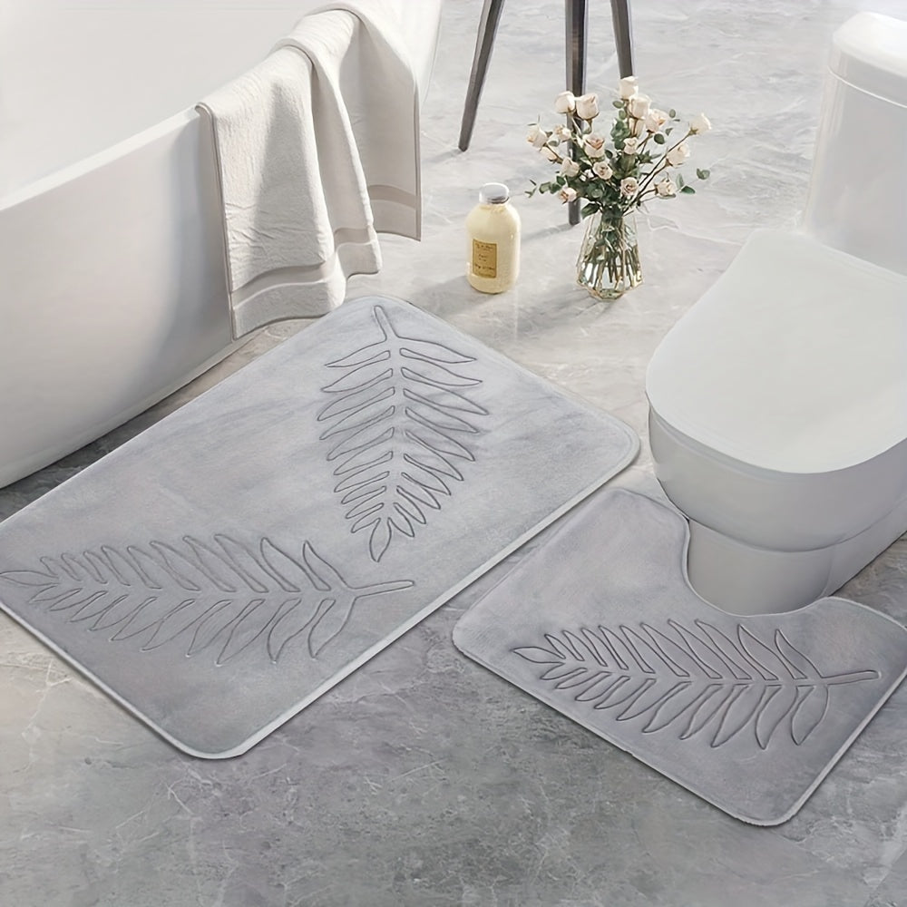 Soft Memory Sponge Mat 2pcs Soft Absorbent Non-slip Simple Solid Color Fern Leaf Embossed Memory Sponge Floor Mat