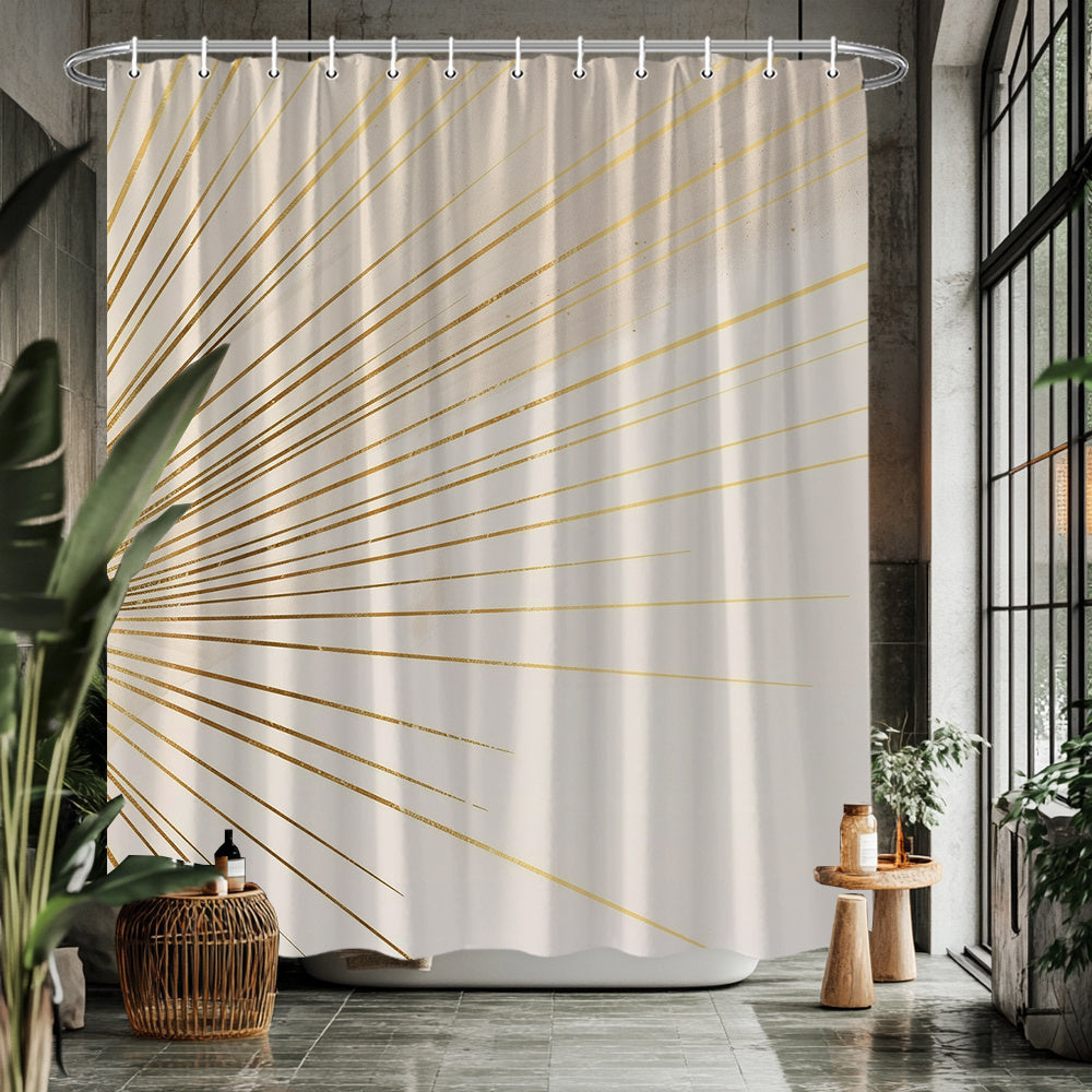 1pc Luxury Modern Shower Curtain with Radiating Golden Lines & Beige Background - Sunburst Pattern