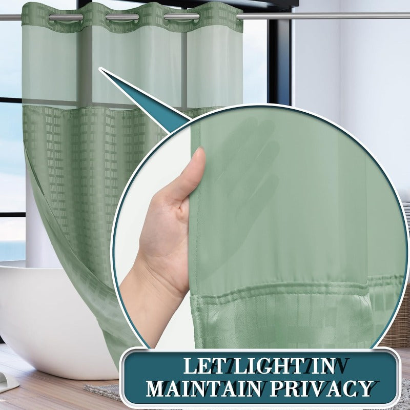Stall No Hook Sage Green Shower Curtain with Snap-in Liner Set | Hotel Luxury Shower Curtains for Bathroom