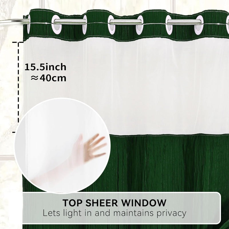 Luxury Dark Green Ruffle Shower Curtain with Privacy Top Window & Snap-In Liner (No Hooks Required)