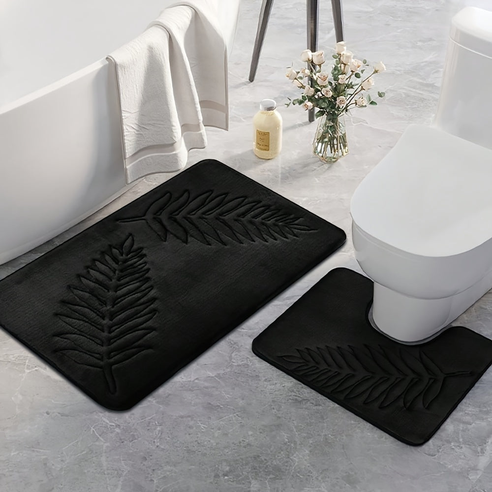Soft Memory Sponge Mat 2pcs Soft Absorbent Non-slip Simple Solid Color Fern Leaf Embossed Memory Sponge Floor Mat